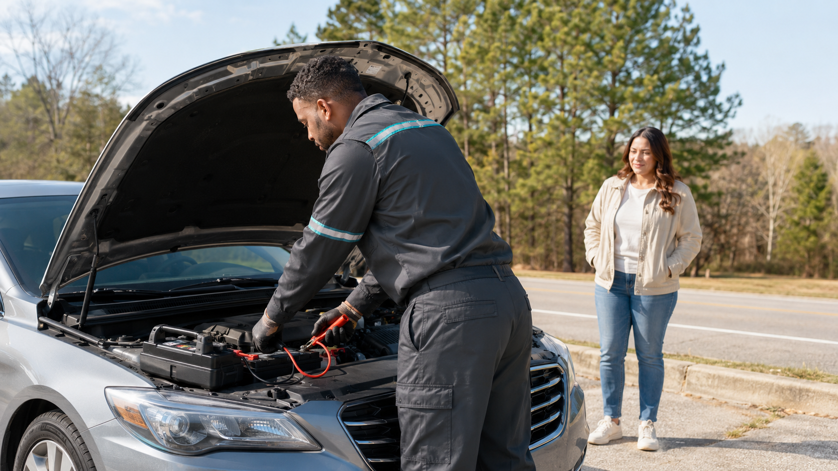 Representative image of a technician providing a jump start
